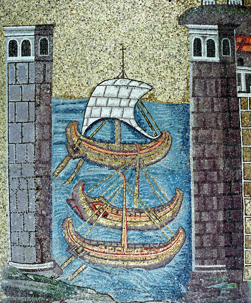 Trzy statki wpływające do portu Rawenna, fragment nawy (mozaika) autorstwa Byzantine