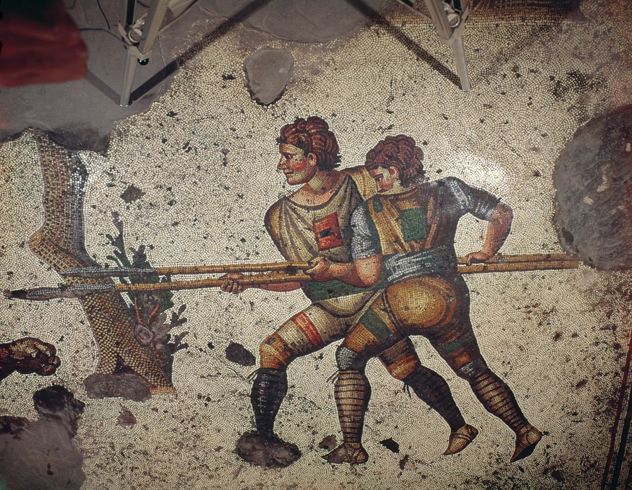 Dwóch mężczyzn walczących z tygrysem, posadzka z Wielkiego Pałacu Cesarskiego, Konstantynopol, V-VI w. (mozaika) autorstwa Byzantine
