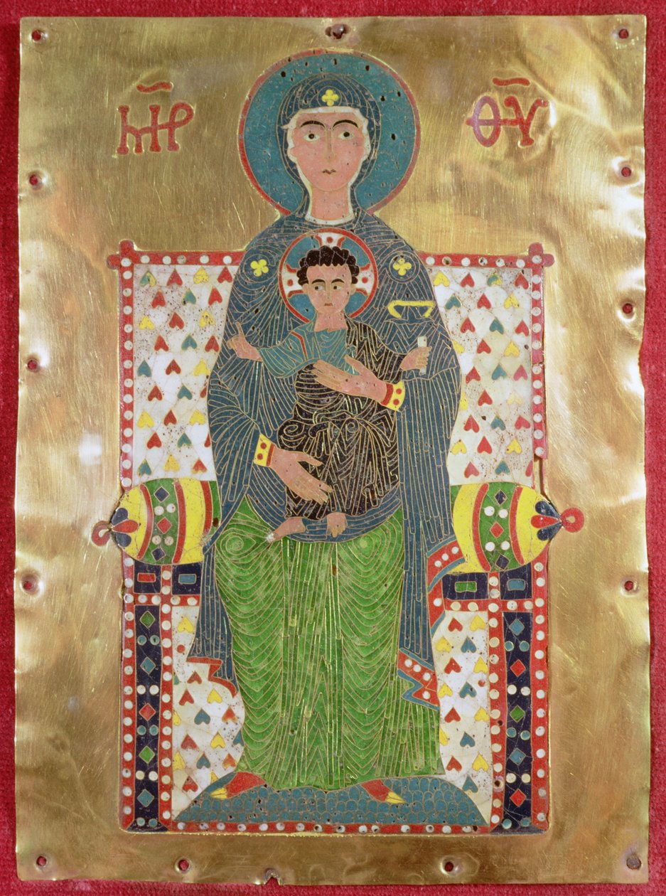 Dziewica z Dzieciątkiem na tronie (emalia złota i cloisonne) autorstwa Byzantine