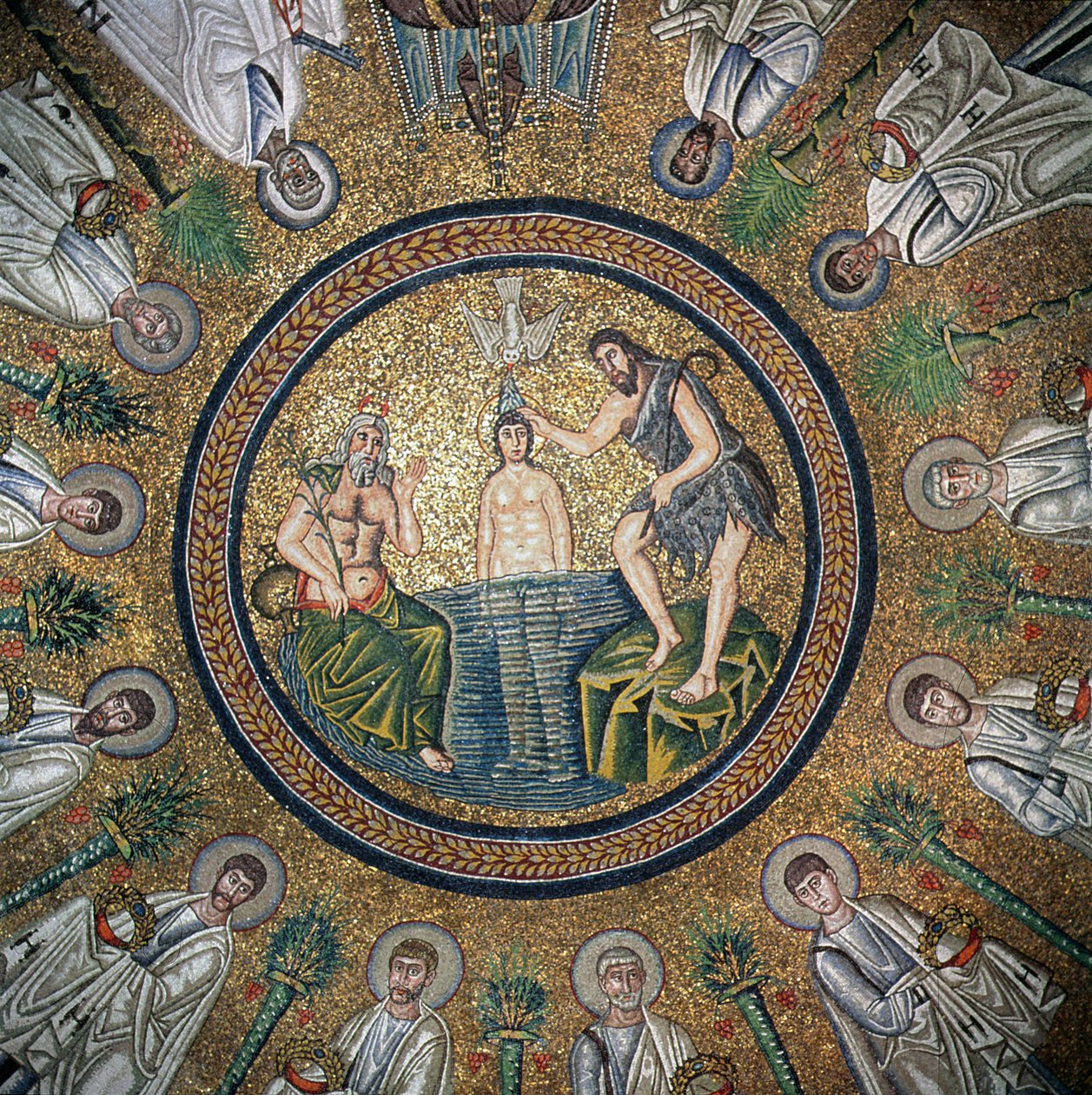 Chrzest Chrystusa w otoczeniu Dwunastu Apostołów (mozaika) autorstwa Byzantine School