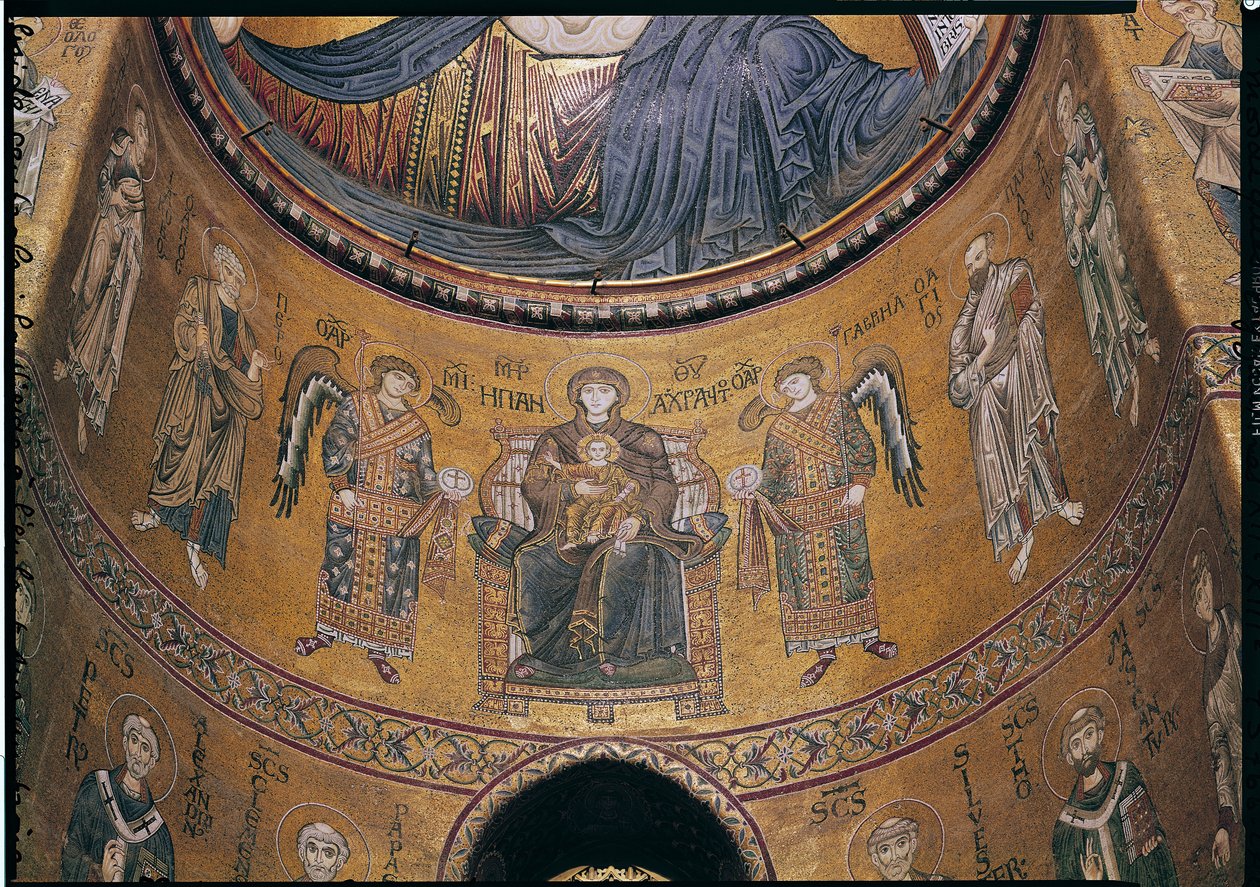 Madonna z Dzieciątkiem na tronie z Aniołami i Apostołami, z absydy centralnej (mozaika) autorstwa Byzantine School