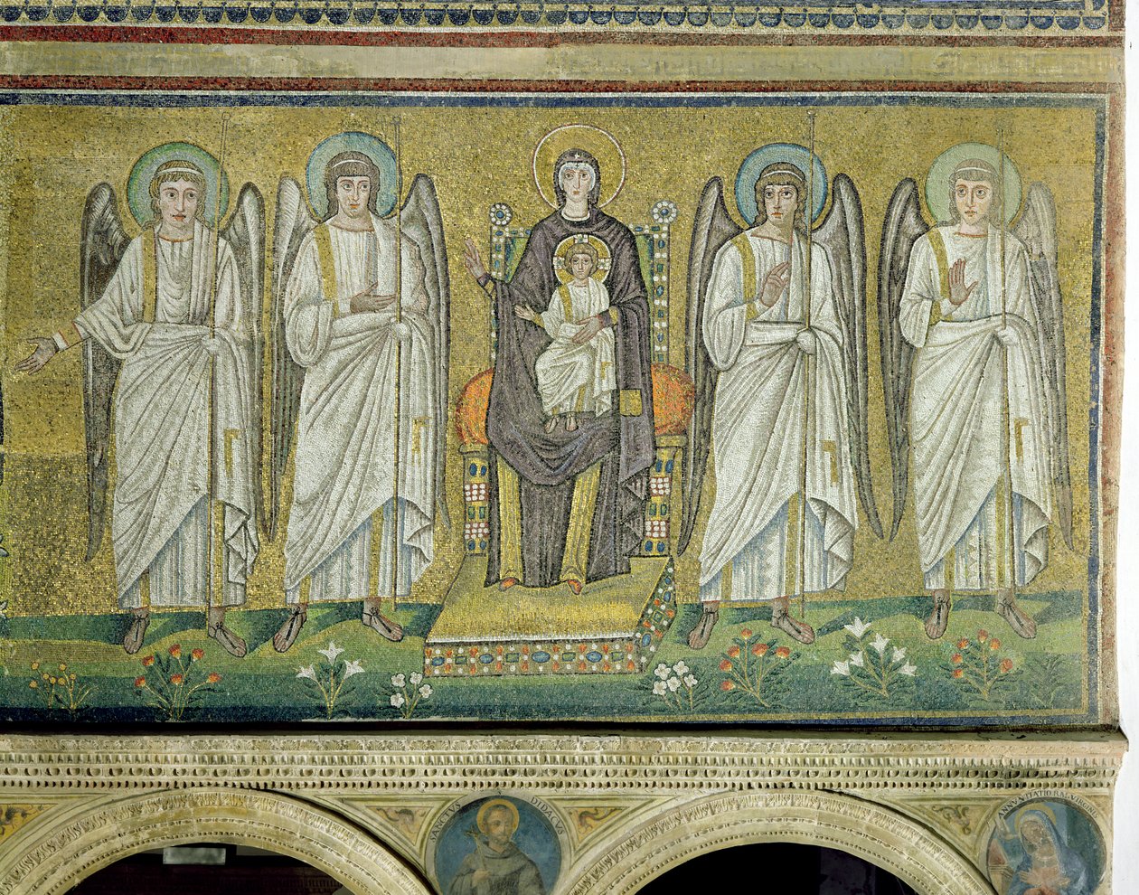 Madonna z Dzieciątkiem na tronie i otoczona przez anioły (mozaika) autorstwa Byzantine School