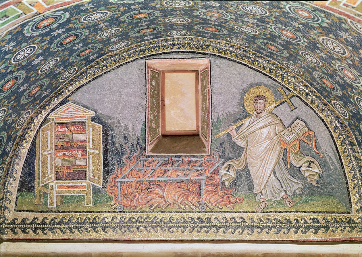 Prawdopodobnie św. Wawrzyniec, umęczony na żelaznym ruszcie (mozaika) (detal z 182913) autorstwa Byzantine School