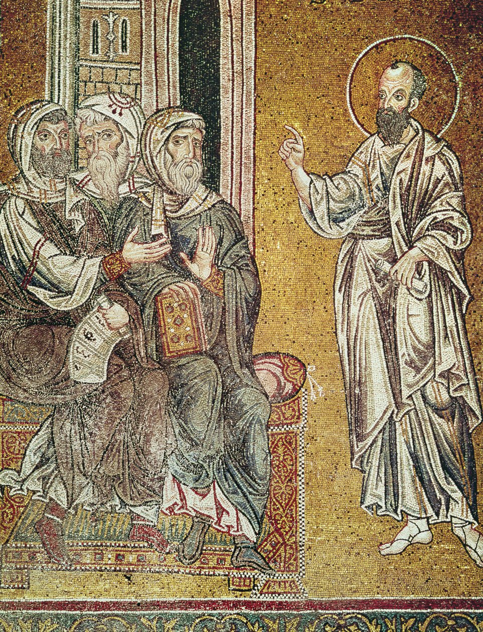 Św. Paweł nauczający Żydów w synagodze w Damaszku, ze scen z życia św. Pawła (mozaika) autorstwa Byzantine School