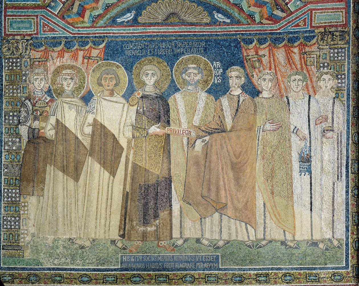 Cesarz Konstantyn IV przyznaje immunitet podatkowy arcybiskupowi Rawenny (mozaika) autorstwa Byzantine School