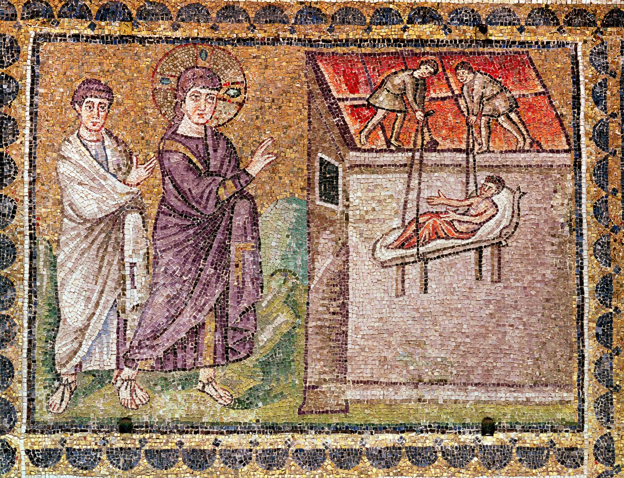 Paralityk z Capharnaum spuszczony z dachu, Sceny z życia Chrystusa (mozaika) autorstwa Byzantine School