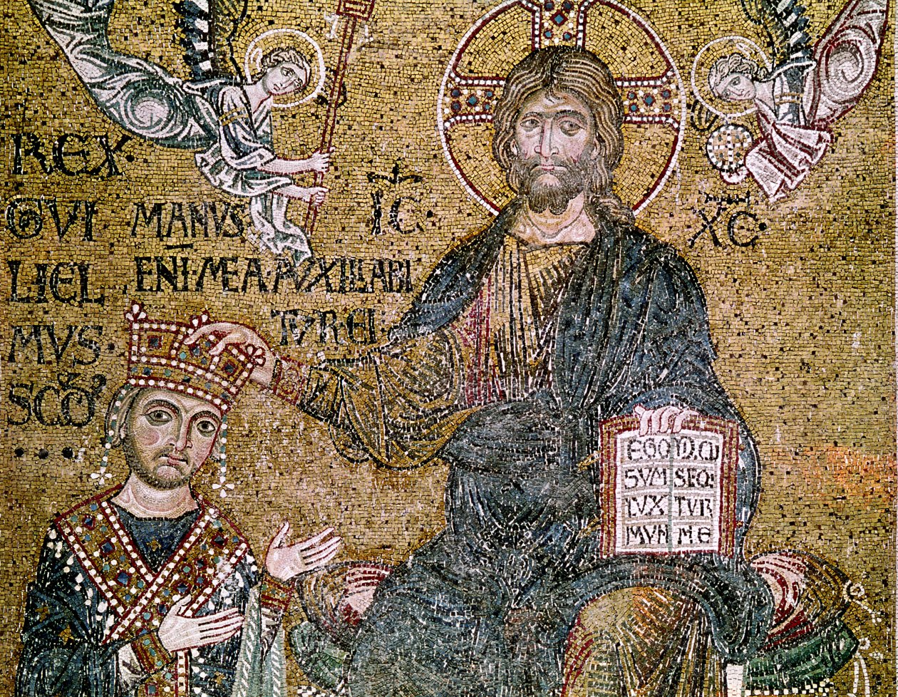 Wilhelm II (1154-89) Król Sycylii otrzymujący koronę od Chrystusa (mozaika) autorstwa Byzantine School