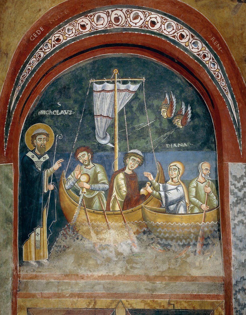 Objawienie Św. Mikołaja rozbitkom, Fragment z Opowieści z życia Św. Mikołaja, Romańskie freski w stylu bizantyjskim, koniec XI w., Kaplica Św. Eldrada i Św. autorstwa Byzantine