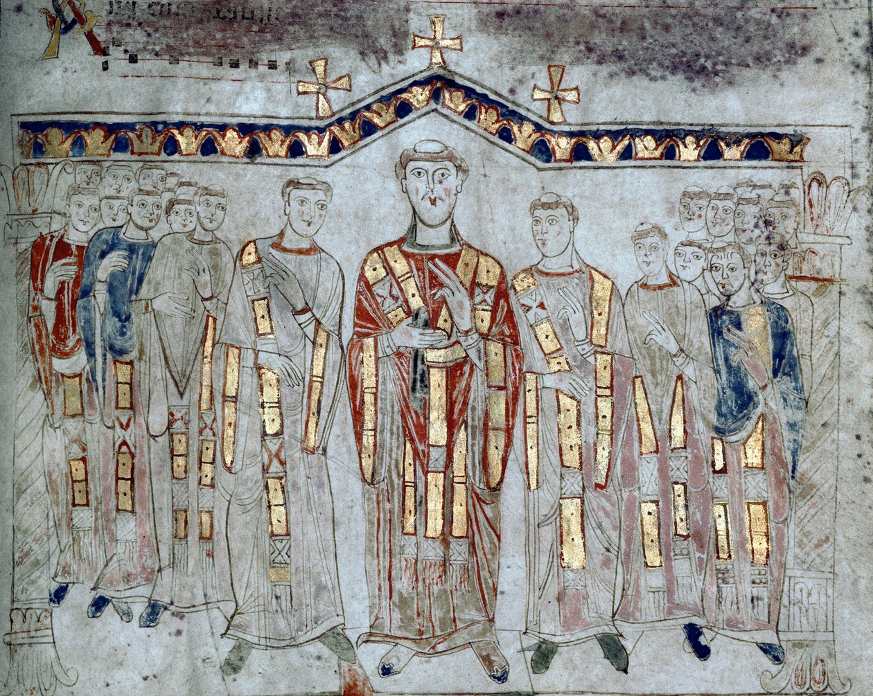 Sztuka bizantyjska: „”Zgromadzenie kapituły katedry w Gaete (Gaeta) złożone z ewek i diakonów”””Miniatura zaczerpnięta z „Exultet”” z początku XI wieku Museo Diocesano, GaETA autorstwa Byzantine