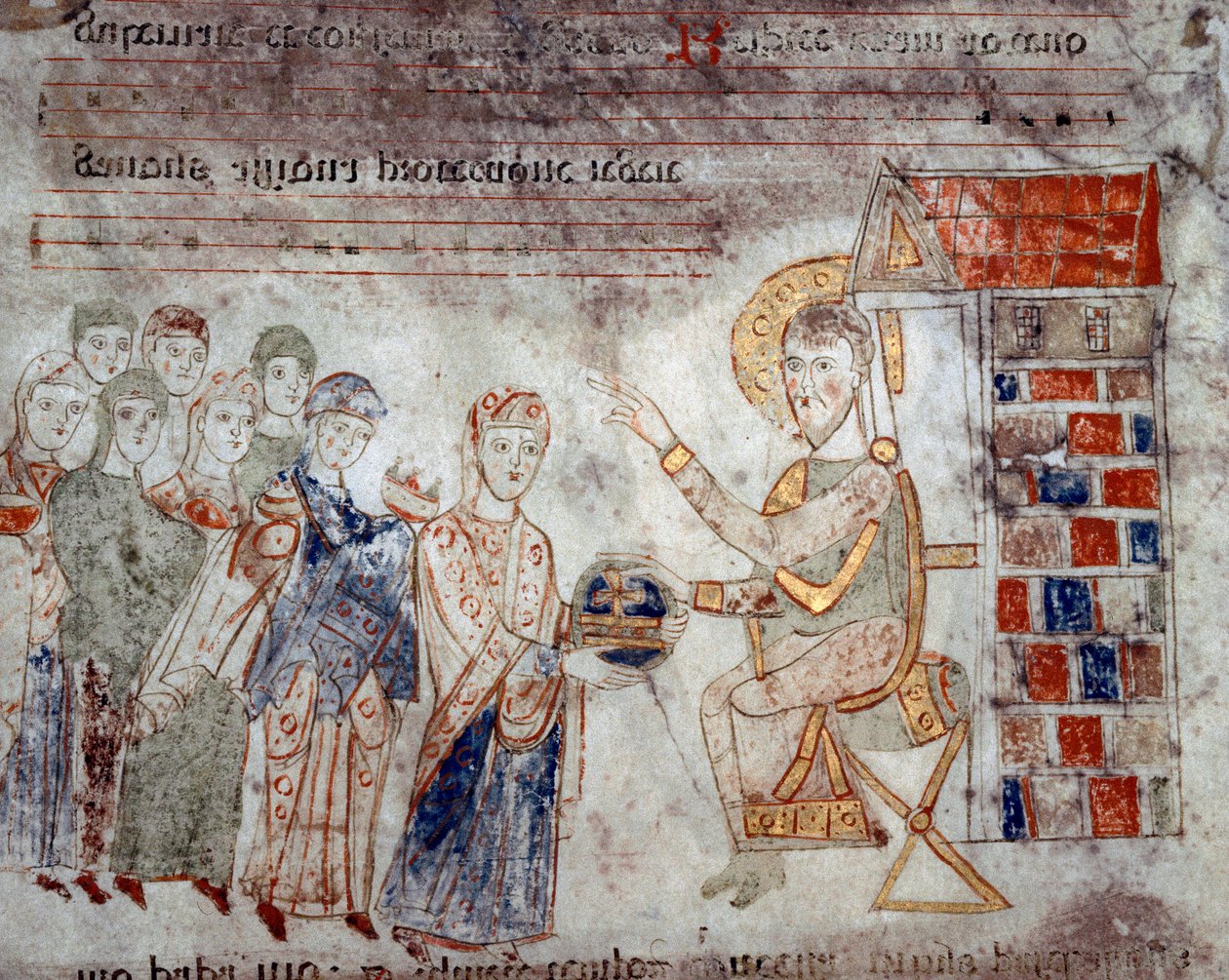 Sztuka bizantyjska: „”Przedstawiciele różnych imperiów składają hołd Chrystusowi ofiarami”””Miniatura z „Exultet”” z początku XI wieku Museo Diocesano, Gaeta autorstwa Byzantine