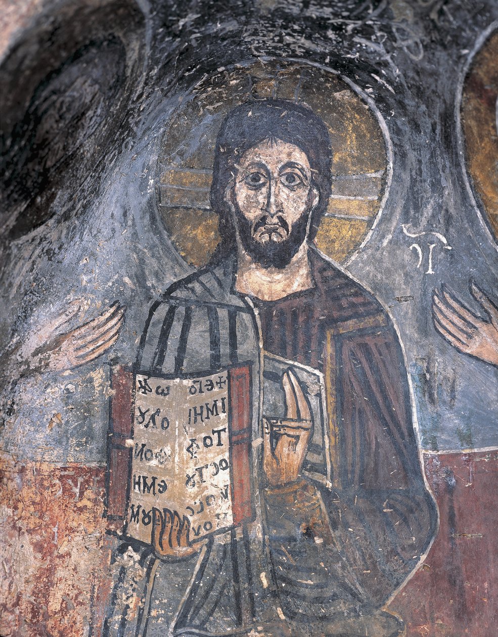 Zbliżenie fresku Pantokratora, Chrystusa Pantokratora, Zoupena, Sparta, Peloponez, Grecja autorstwa Byzantine
