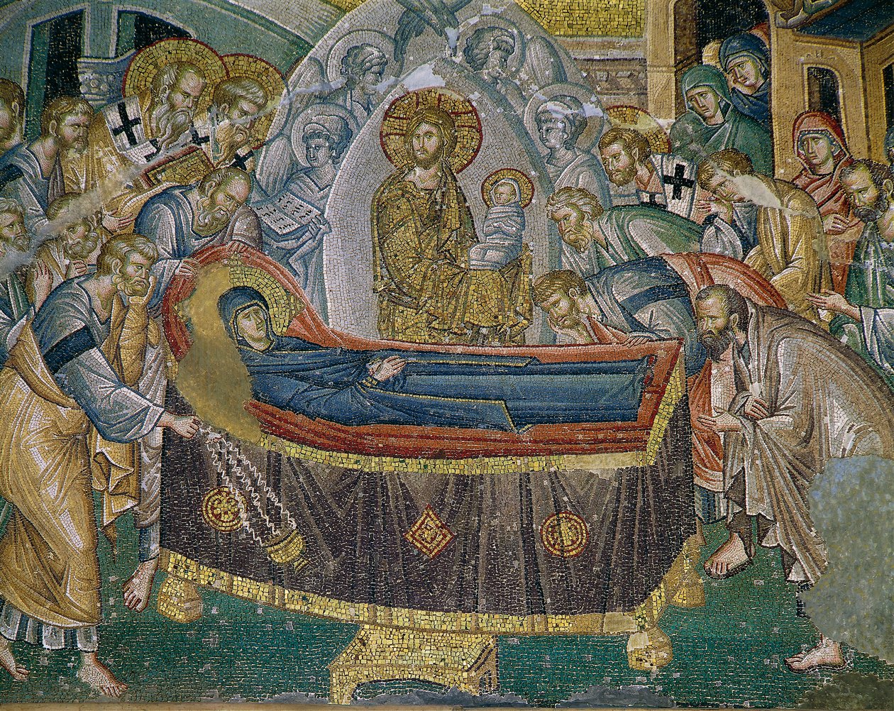Zaśnięcie (śmierć Maryi), fresk w Kariye Camii (st Sauveur w kościele Chora, Stambuł, Turcja (fresk) autorstwa Byzantine