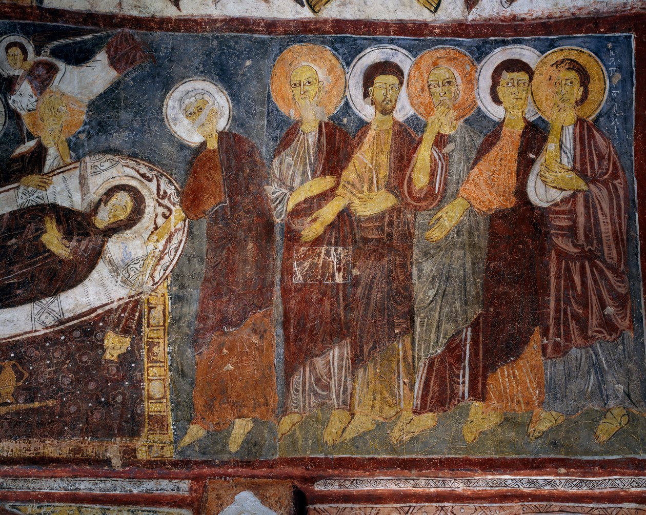 Zaśnięcie Matki Boskiej wśród Apostołów, Detal, fresk bizantyjski (XIII w.), Gulsehir Karsi Kilise (Kościół Św. Jana), Göreme (Lista Światowego Dziedzictwa UNESCO) autorstwa Byzantine