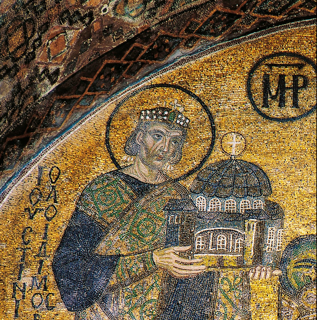 Cesarz Justynian przedstawiający Hagię Sofię Dziewicy z Dzieciątkiem (mozaika) autorstwa Byzantine