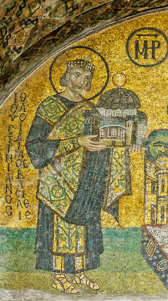 Cesarz Justynian przedstawiający Dziewicę z Dzieciątkiem w Hagia Sophia (mozaika) autorstwa Byzantine