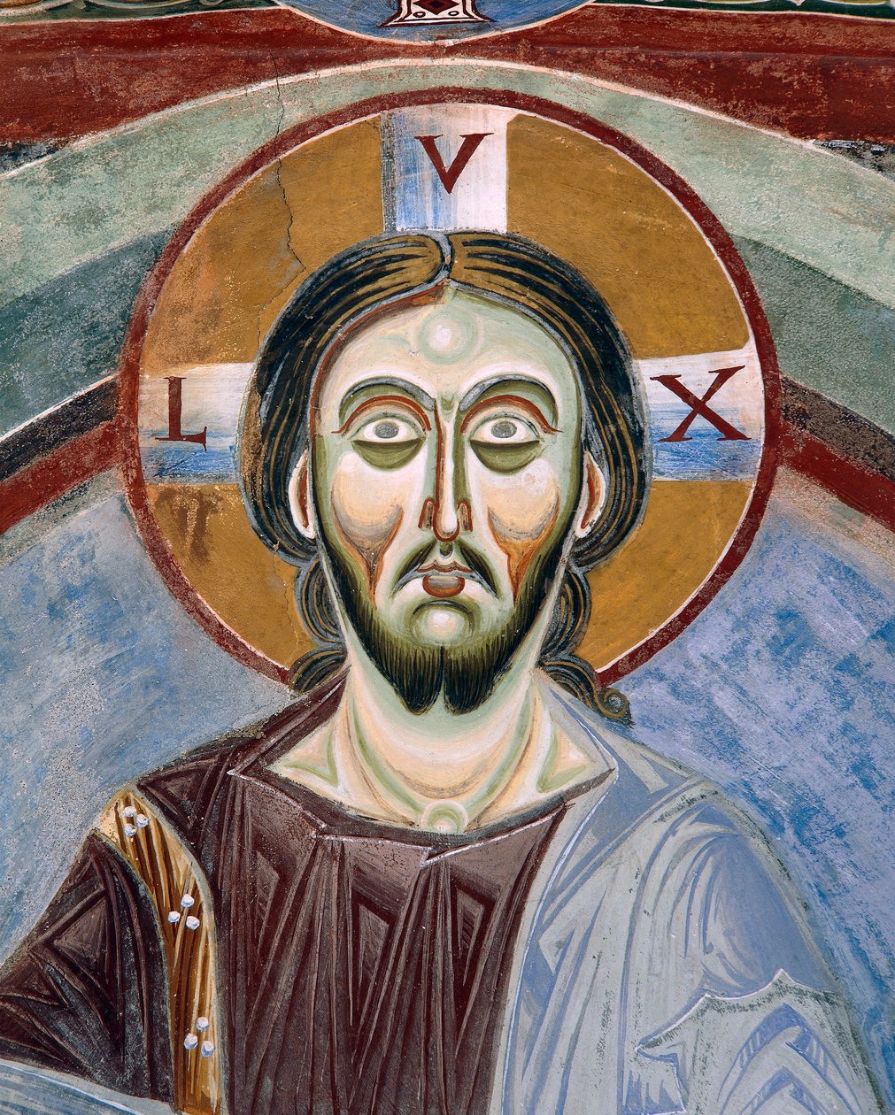 Twarz Chrystusa Pantokratora, fragment fresków romańskich w stylu bizantyjskim, koniec XI w., kaplica św. Eldrada i św. Mikołaja, opactwo Novalesa, Piemont, Włochy autorstwa Byzantine