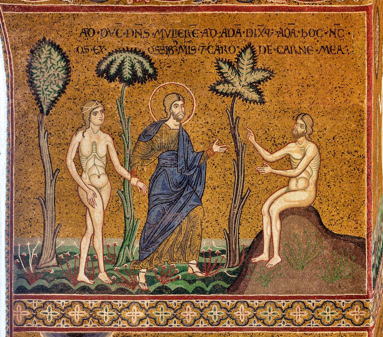 Bóg przedstawia Adamowi Ewę, mozaika bizantyjska, XII-XIII sek., na kontrze (mozaika) autorstwa Byzantine
