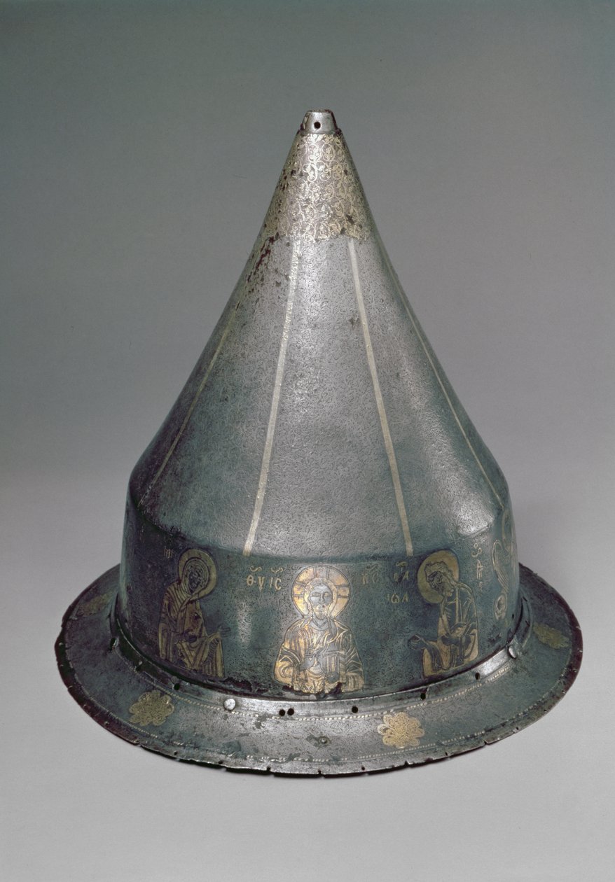 Hełm z Deesis (stal ze złotą i srebrną wkładką) autorstwa Byzantine
