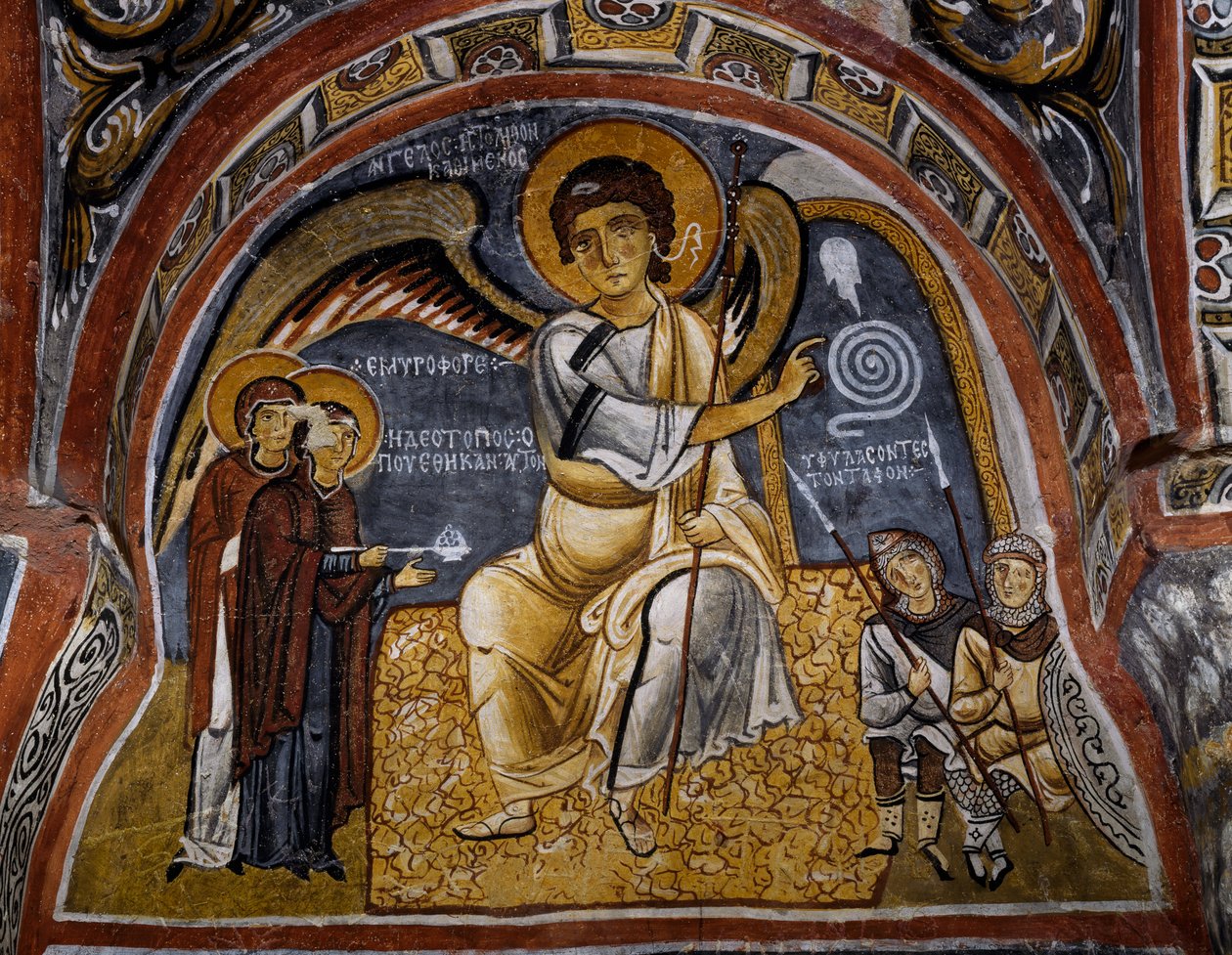 Święte kobiety przy grobie i pojawienie się Anioła, bizantyjski fresk (XII w.), Karanlik Kilise (Ciemny Kościół) (XII-XIII w.), Goreme (Lista Światowego Dziedzictwa UNESCO) autorstwa Byzantine