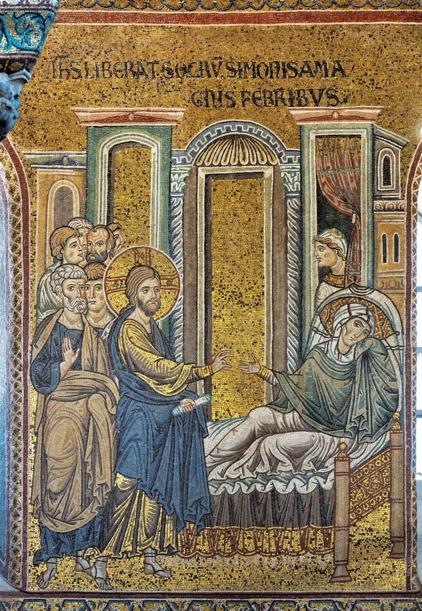 Jezus uzdrawiający teściową Szymona z gorączki, mozaika bizantyjska, Epizody z życia Chrystusa, XII-XIII w. (mozaika) autorstwa Byzantine