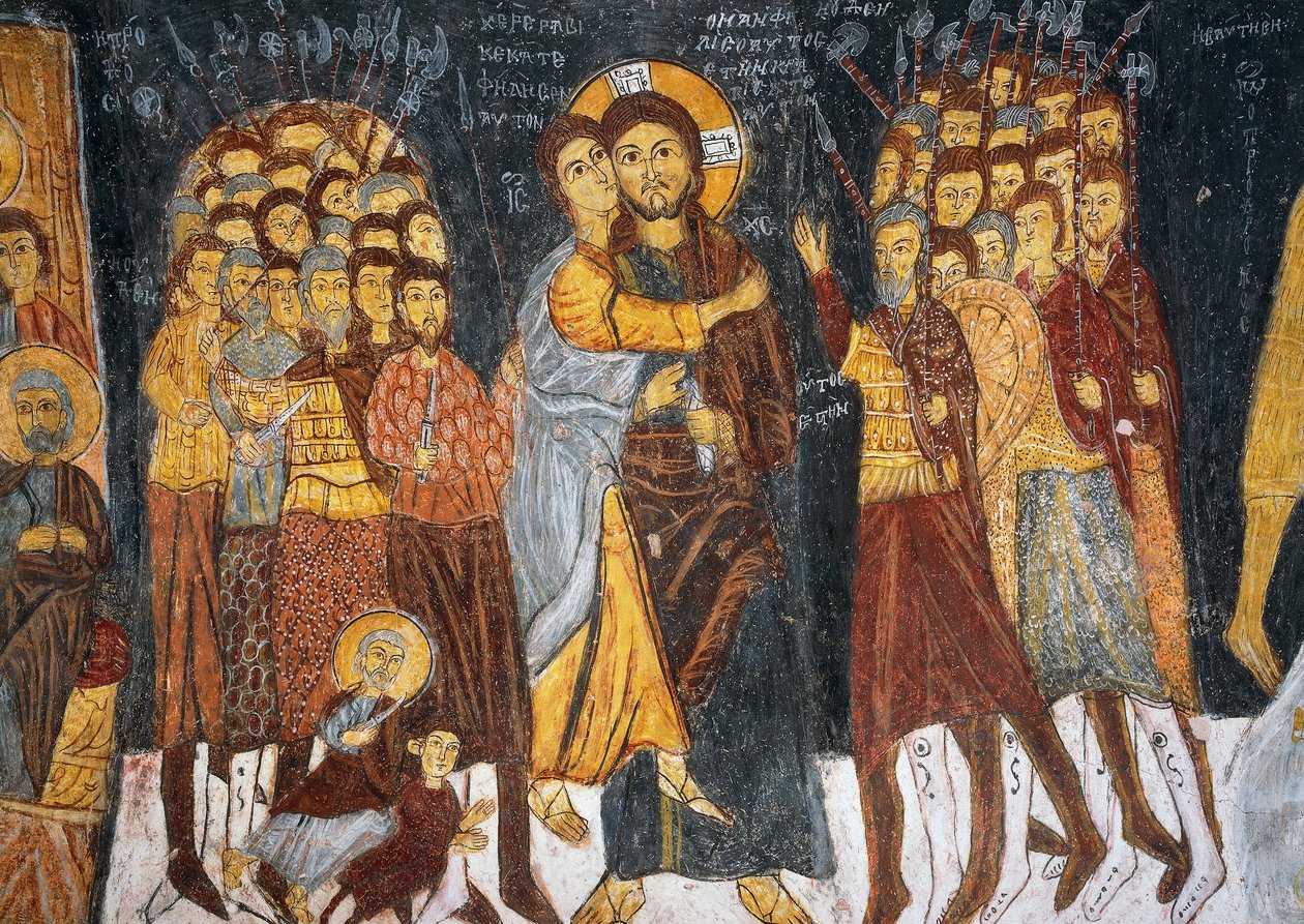 Pocałunek Judasza, bizantyjski fresk (1212), Gulsehir Karsi Kilise (Kościół Św. Jana), Goreme (Lista Światowego Dziedzictwa UNESCO) autorstwa Byzantine