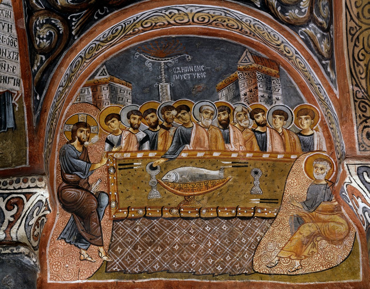 Ostatnia Wieczerza, fresk bizantyjski (XII w.), Karanlik Kilise (Ciemny Kościół) (XII–XIII w.), Goreme (Lista Światowego Dziedzictwa UNESCO) autorstwa Byzantine