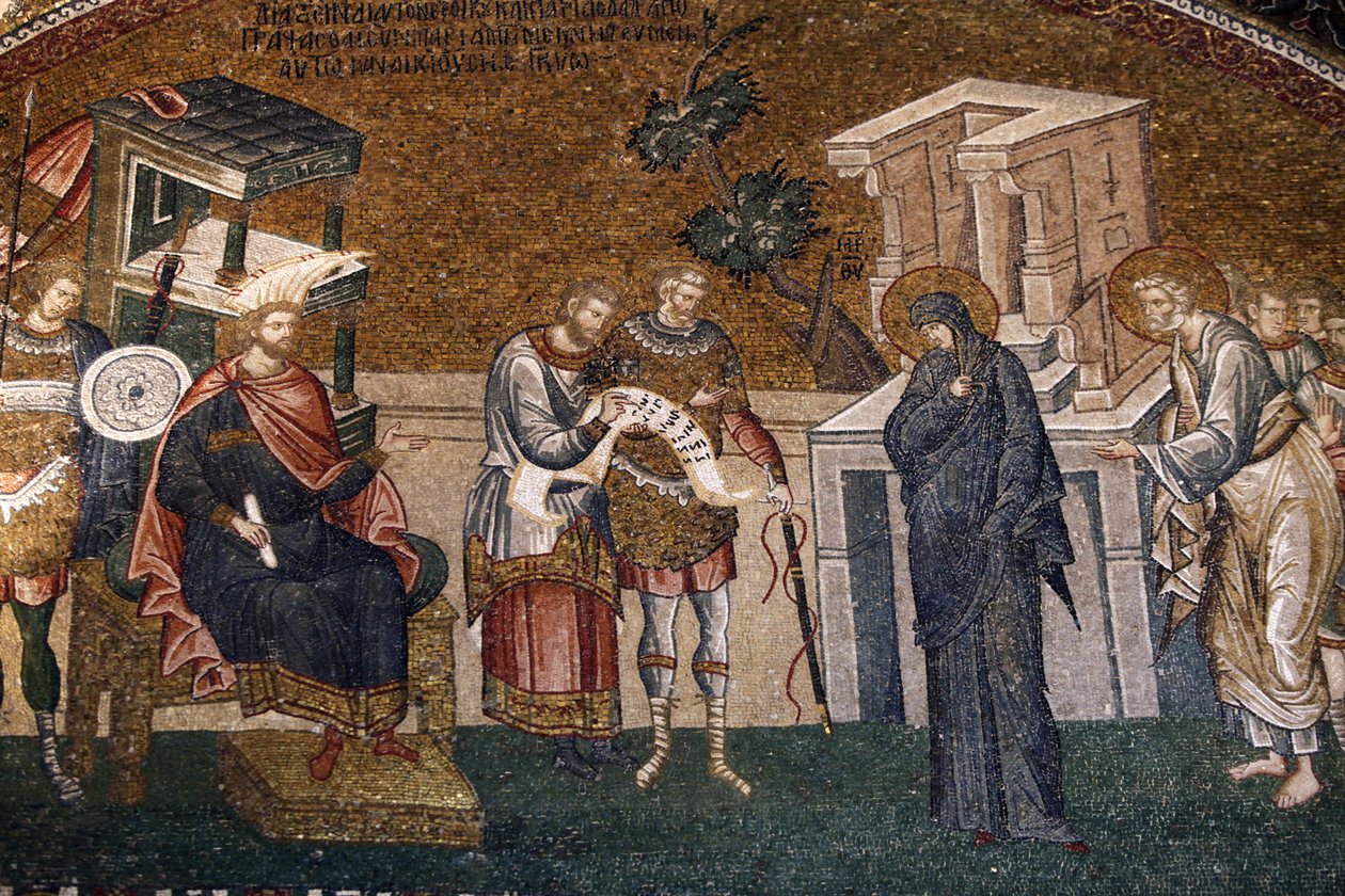 Maria i Józef przed zapisaniem się Cyremiusza do podatków, ze strażnikiem, skrybą i oficerem, ok. godz. XIV wiek (mozaika) autorstwa Byzantine