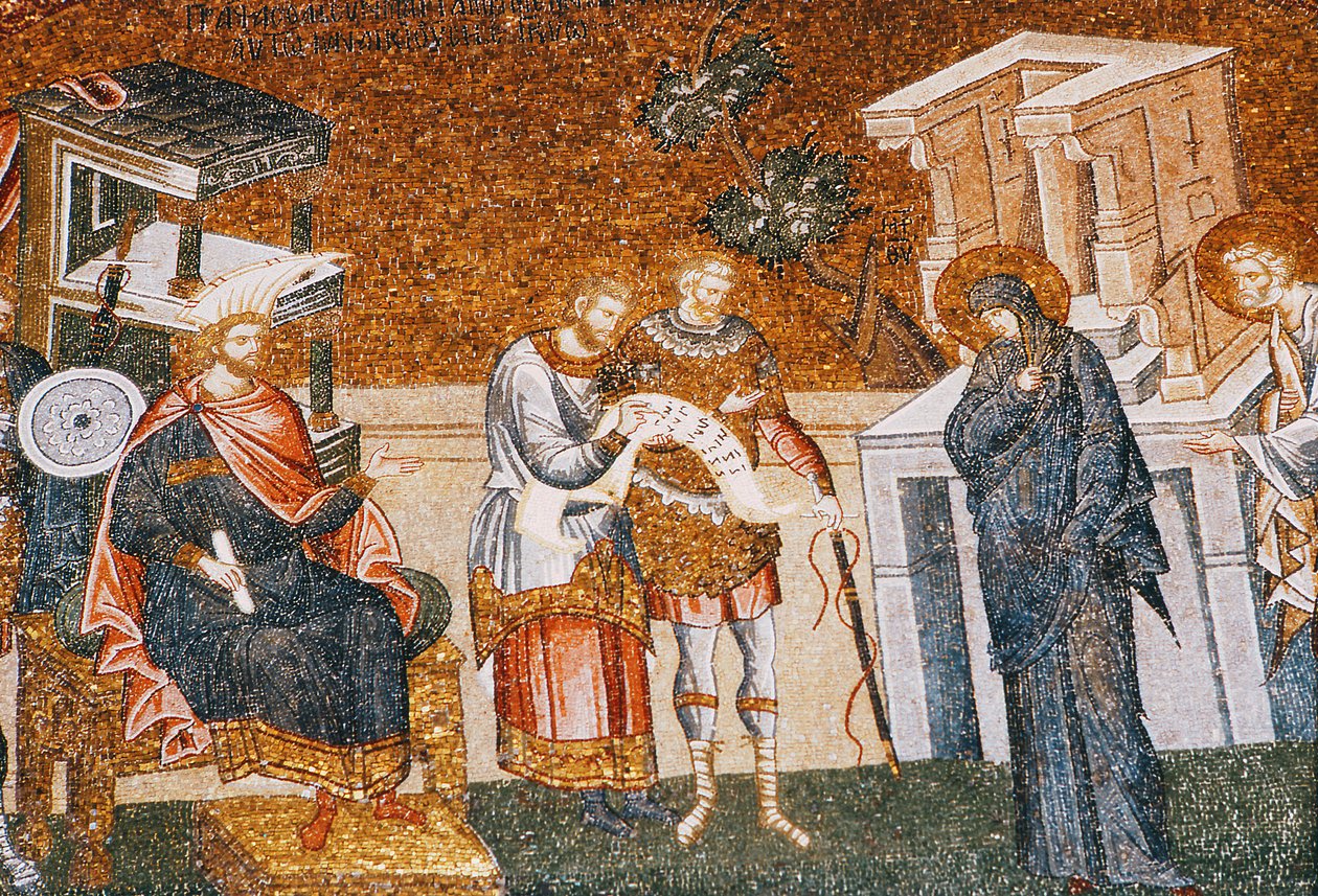 Maria i Józef przed zapisaniem się Cyremiusza do podatków, ze strażnikiem, skrybą i oficerem, ok. godz. XIV wiek (mozaika) (detal z 119636) autorstwa Byzantine