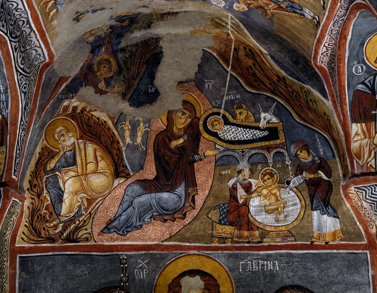 Narodzenia, fresk bizantyjski (XII w.), Karanlik Kilise (Ciemny Kościół) (XII-XIII w.), Göreme (Lista Światowego Dziedzictwa UNESCO) autorstwa Byzantine
