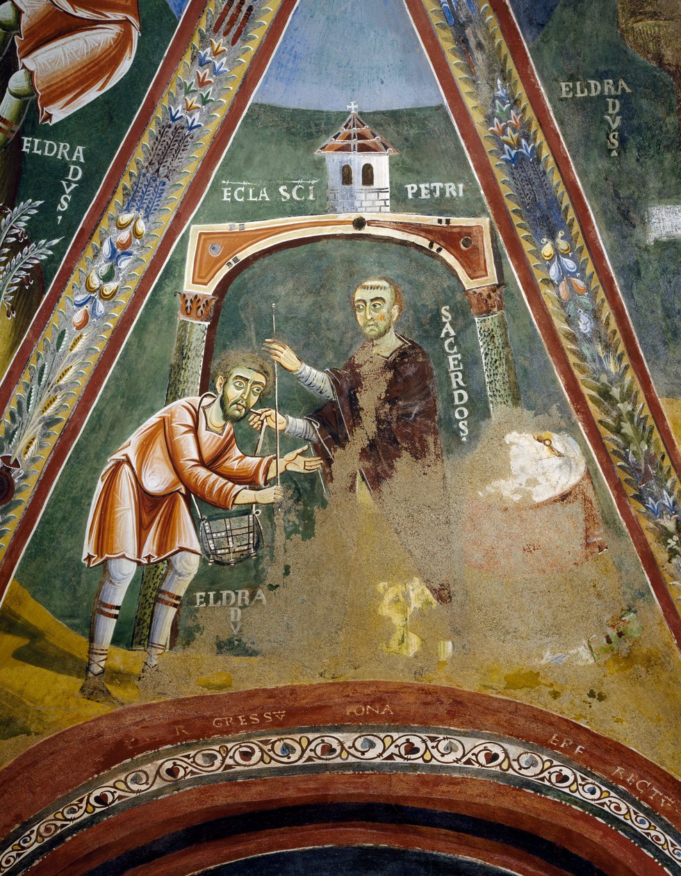 Święty Eldrad wyjeżdża do Santiago de Compostela, Fragment z Stories of Saint Eldrad, fresk romański, styl bizantyjski, koniec XI w., Kaplica św. Eldrada i św. Mikołaja, Opactwo Novalesa, Piemont, Włochy autorstwa Byzantine
