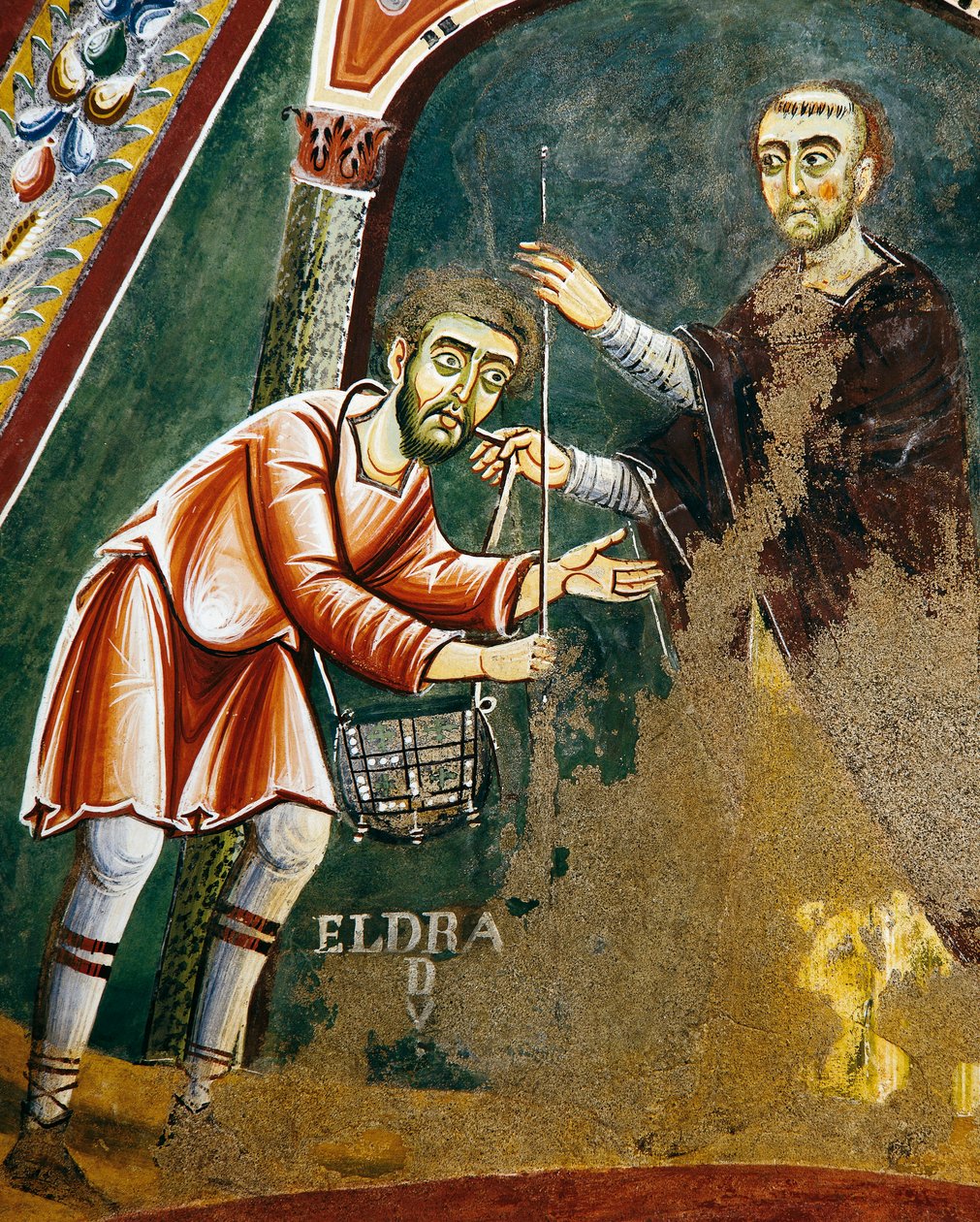 Święty Eldrad wyruszający do Santiago de Compostela, detal z Opowieści o życiu świętego Eldrada, fresk romański, styl bizantyjski, koniec XI wieku, kaplica świętego Eldrada i świętego Mikołaja, opactwo Novalesa, Piemont, Włochy. autorstwa Byzantine