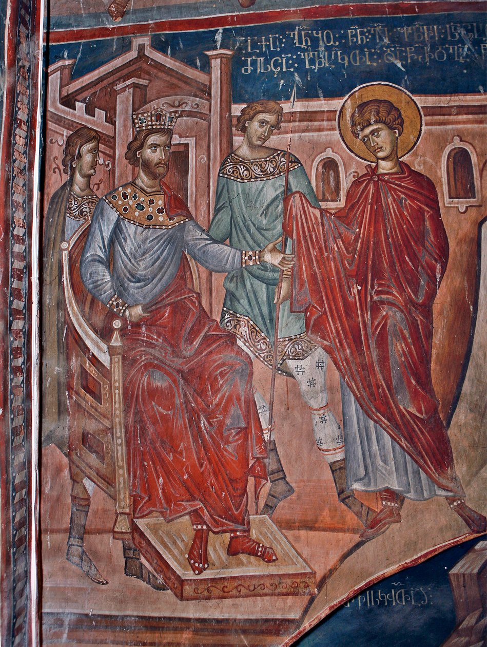 Święty Jerzy przed cesarzem Dioklecjanem (244-311) - Święty Jerzy przed cesarzem Dioklecjanem - Obraz Damiane (aktywny XIV wiek) - XIV wiek - Fresk - Klasztor św. Jerzego, Ubisi ©FineArtImages/Leemage autorstwa Byzantine