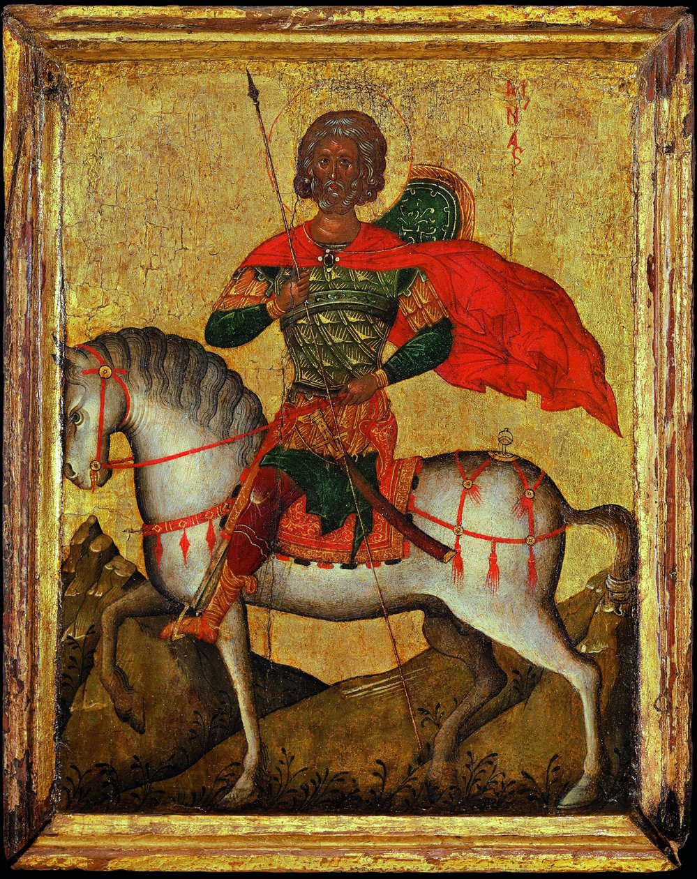 Święty Menas (Minas, Mina, Mena, Mennas, 285-309) na koniu - ikona bizantyjska. Tempera na desce, połowa XV wieku. Wymiar : 27,3x22 cm Muzeum Ikonen Recklinghausen autorstwa Byzantine