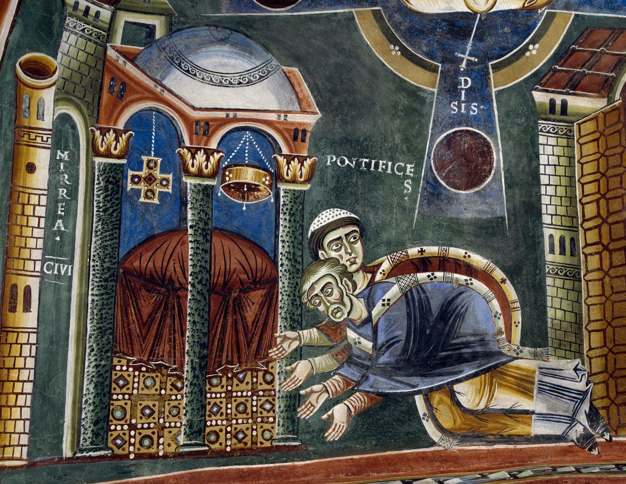 Święty Mikołaj Konsekrowany biskup Myry, Fragment Opowieści św. Mikołaja, fresk romański, styl bizantyjski, koniec XI w., Kaplica św. Eldrada i św. autorstwa Byzantine