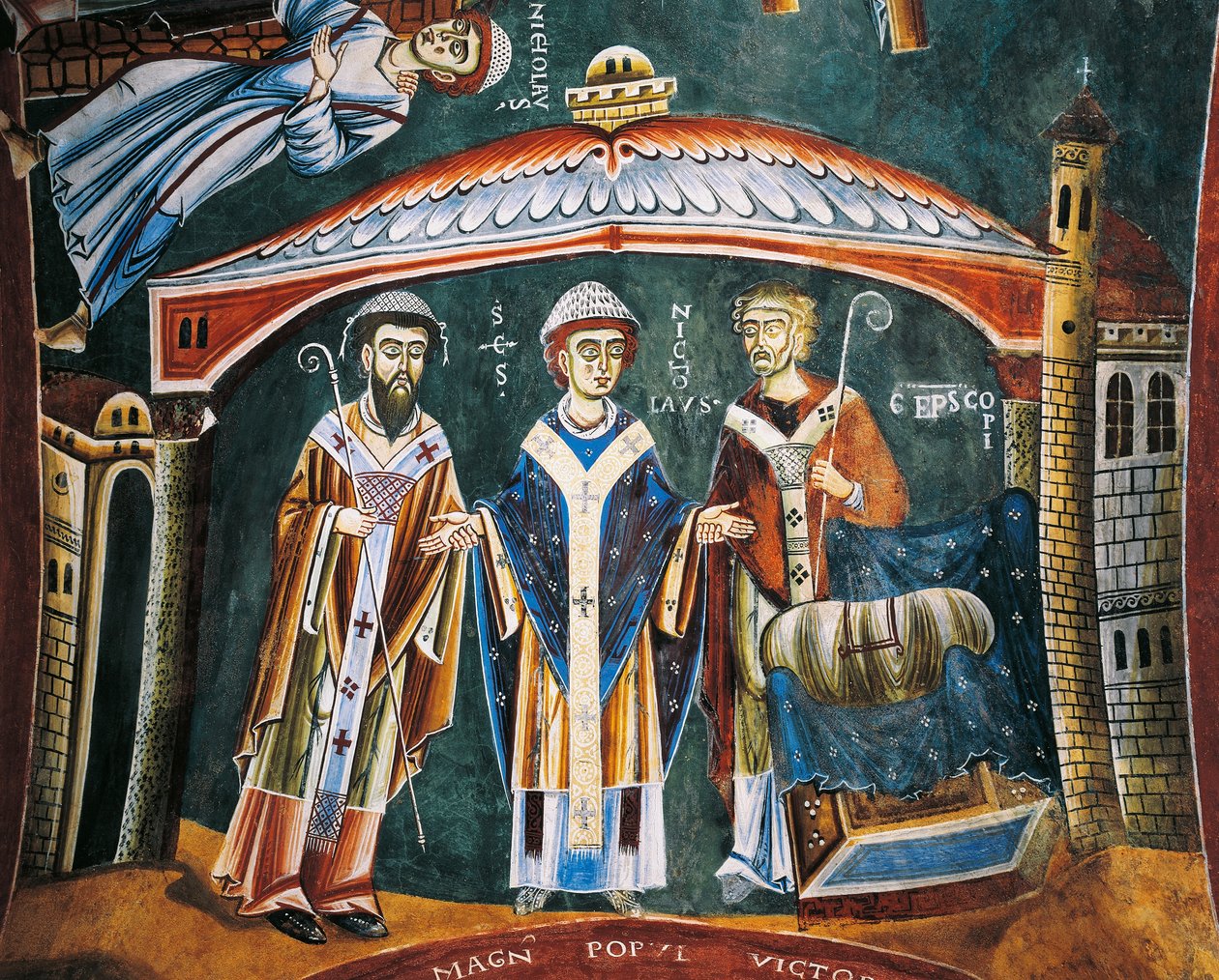 Święty Mikołaj Konsekrowany biskup Myry, Fragment Opowieści św. Mikołaja, fresk romański, styl bizantyjski, koniec XI w., Kaplica św. Eldrada i św. autorstwa Byzantine