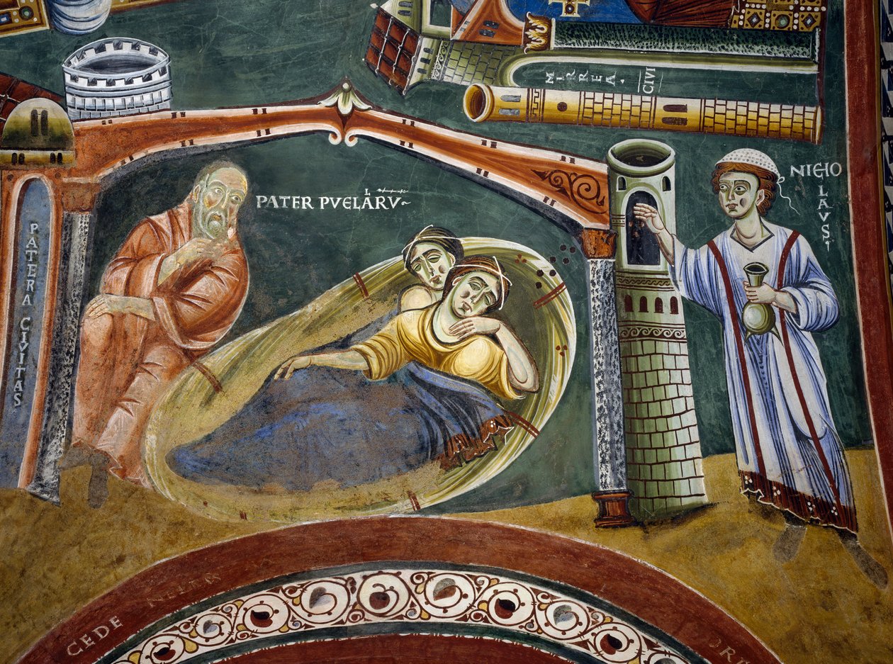 Święty Mikołaj ratuje bogatego kupca popadłego w biedę i płaci posag córkom, Fragment z Opowieści św. Mikołaja, fresk romański, styl bizantyjski, koniec XI w., Kaplica św. Eldrada i św. Mikołaja, Opactwo Novalesa, Piemont, Włochy autorstwa Byzantine