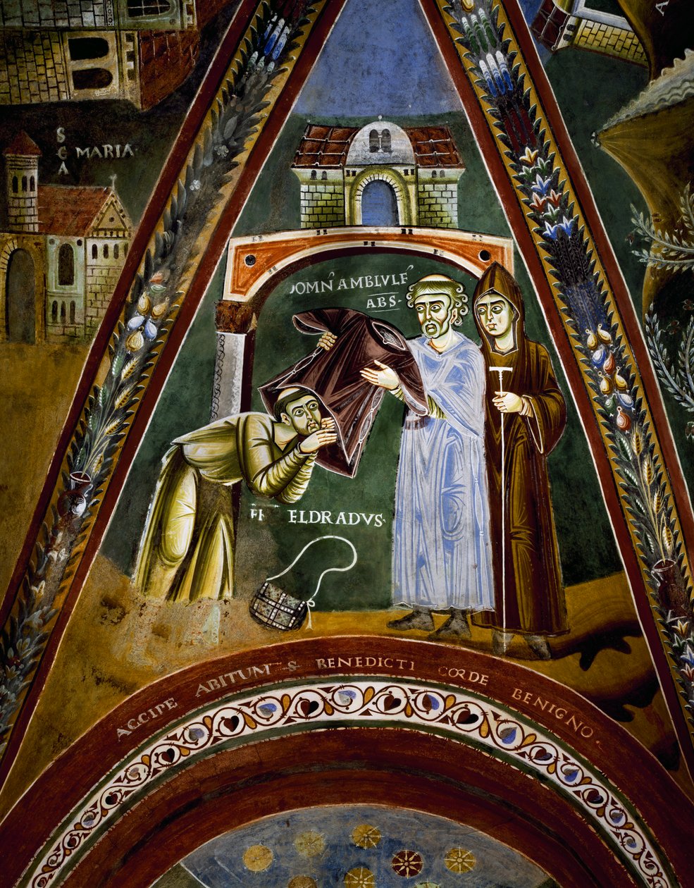 Św. Mikołaj, historie życia św. Eldrada i św. Mikołaja, św. Eldrado zwrócony ku św. Jakubowi z Composteli: otrzymanie habitu monastycznego od opata Novalesa, szczegół autorstwa Byzantine