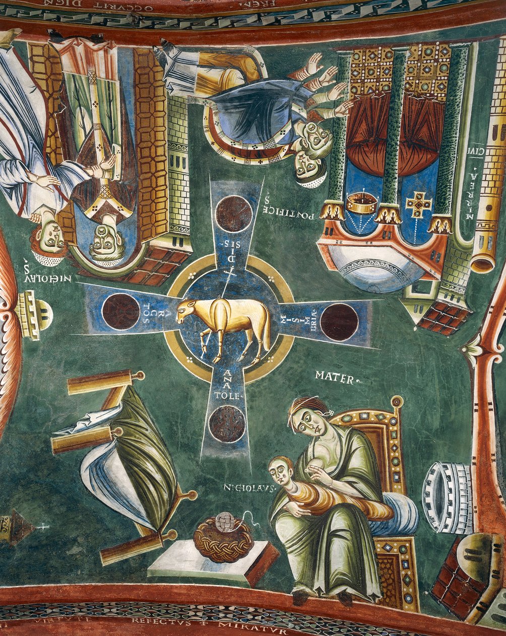 Historie z życia św. Mikołaja, Fragment fresków romańskich w stylu bizantyjskim, koniec XI w., Kaplica św. Eldrada i św. Mikołaja, Opactwo Novalesa, Piemont, Włochy autorstwa Byzantine