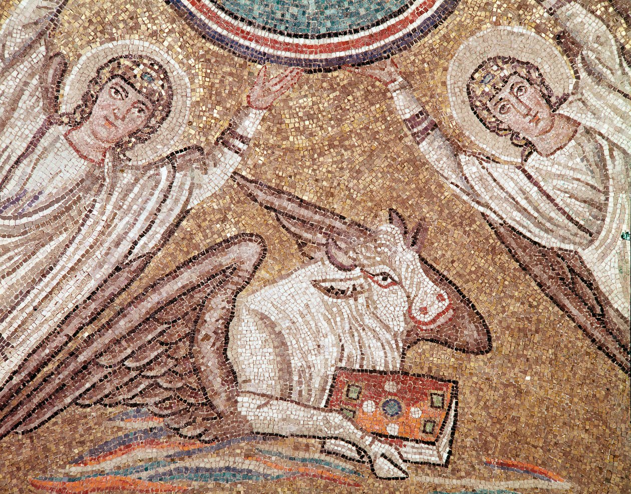 Cielę, symbol ewangelisty Łukasza (fragment mozaiki, 494-519) autorstwa Byzantine