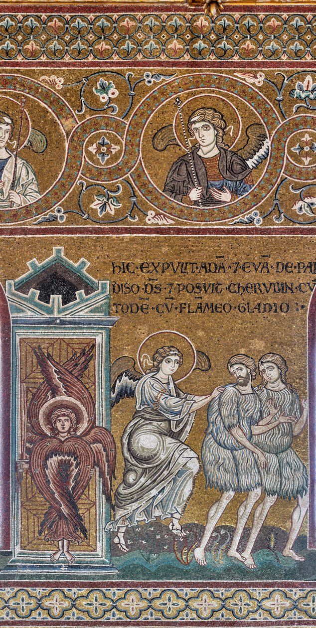 Wypędzenie z Raju Ziemskiego, mozaika bizantyjska, Cykl Starego Testamentu – Raj Ziemski, XII-XIII w. (mozaika) autorstwa Byzantine