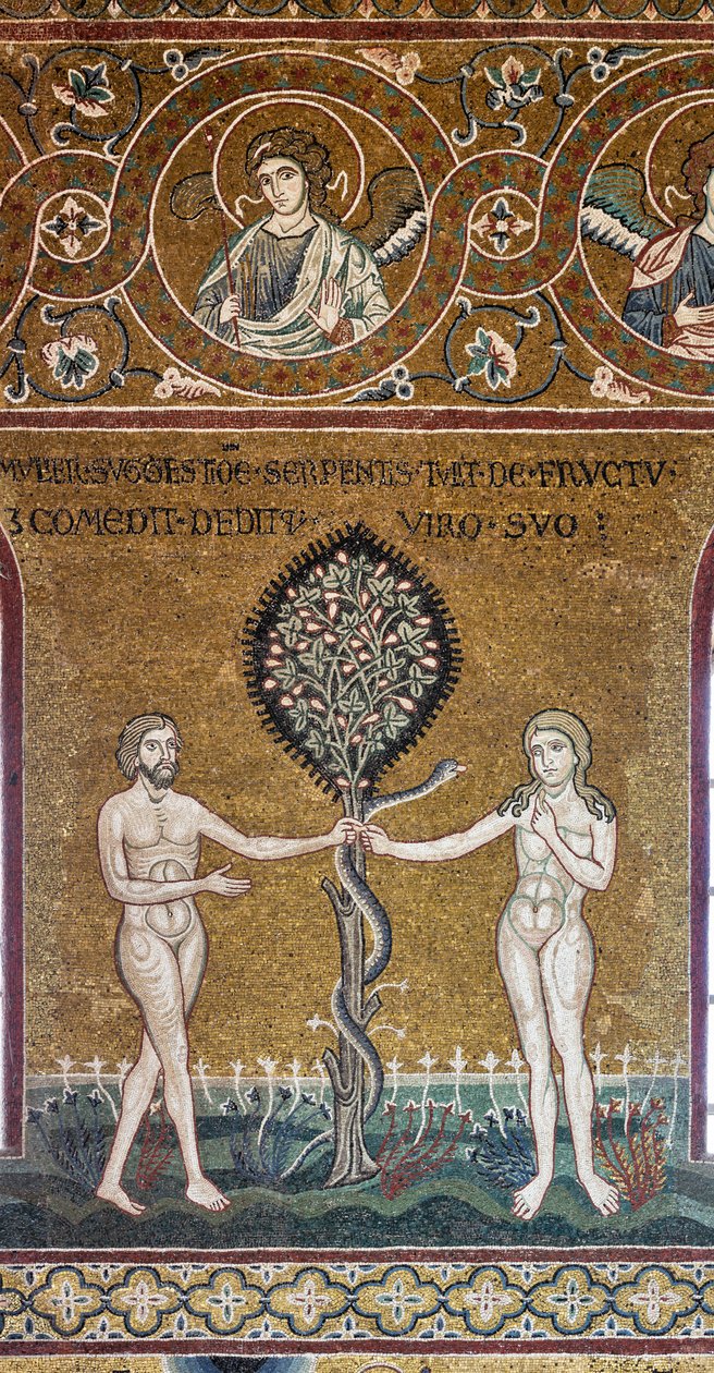 Grzech pierworodny, mozaika bizantyjska, cykl Starego Testamentu – Raj Ziemski, XII-XIII sek. (mozaika) autorstwa Byzantine