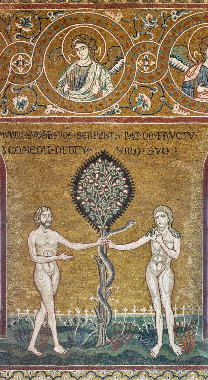 Grzech pierworodny, mozaika bizantyjska, cykl Starego Testamentu – Raj Ziemski, XII-XIII sek. (mozaika) autorstwa Byzantine