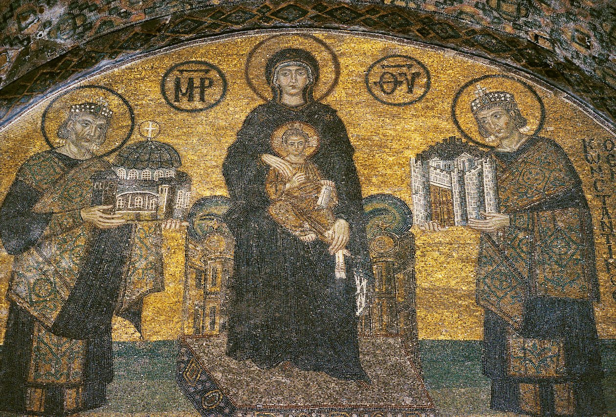 Dziewica z Dzieciątkiem między cesarzami Justynianem i Konstantynem w Hagia Sophia (mozaika) autorstwa Byzantine