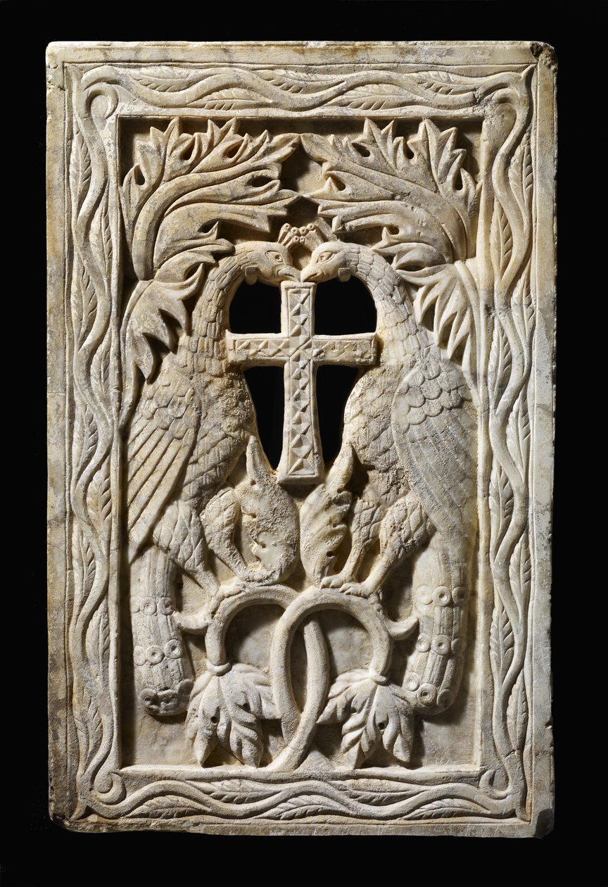 Panel z dwoma pawiami, 501-700 (alabaster) autorstwa Byzantine Byzantine