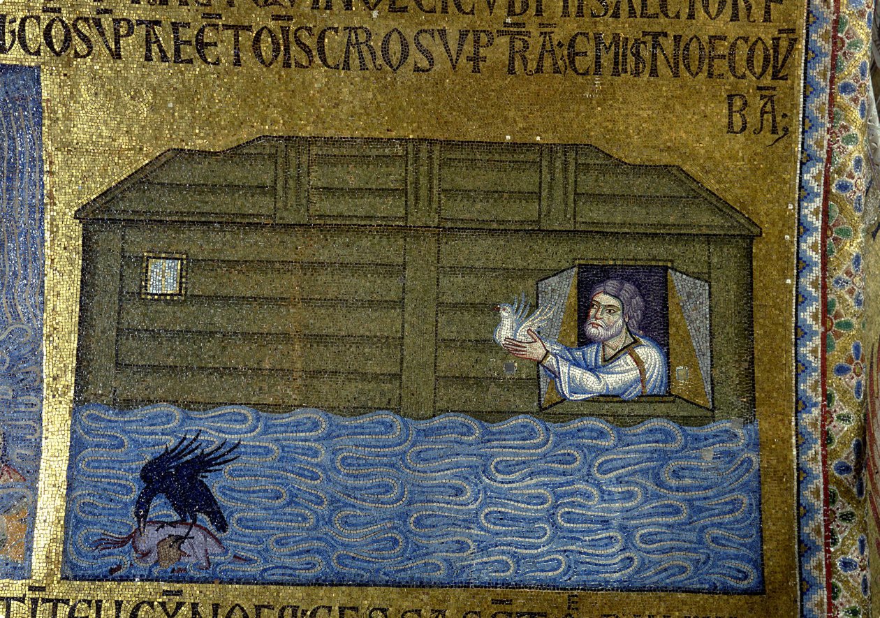 Historia Noego: Noe wysyłający kruka i pierwszego gołębia Fragment mozaiki wewnętrznej w Bazylice św. Marka, XI w. autorstwa Byzantine Byzantine