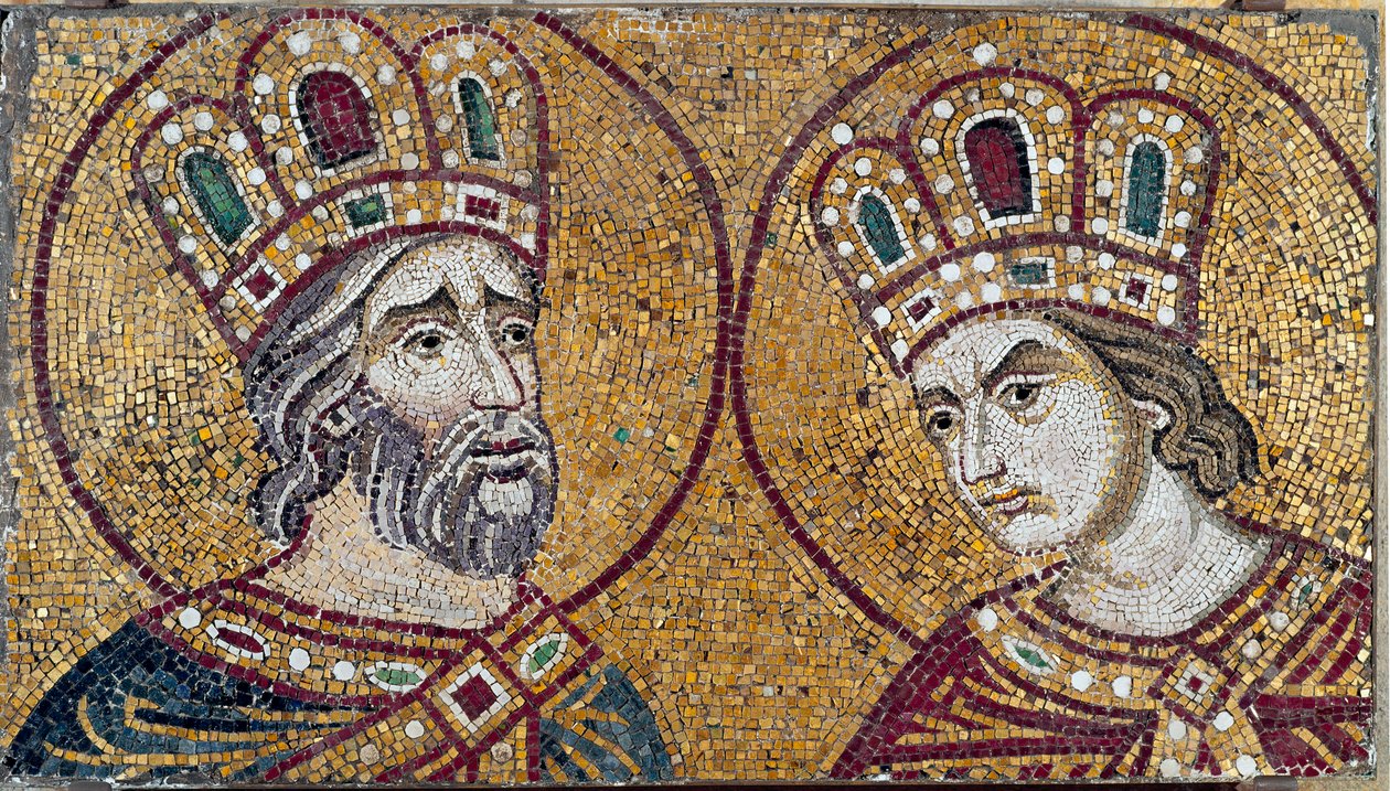 Cesarz rzymski Konstantyn I z matką św. Heleną (detal mozaikowy) autorstwa Byzantine Byzantine