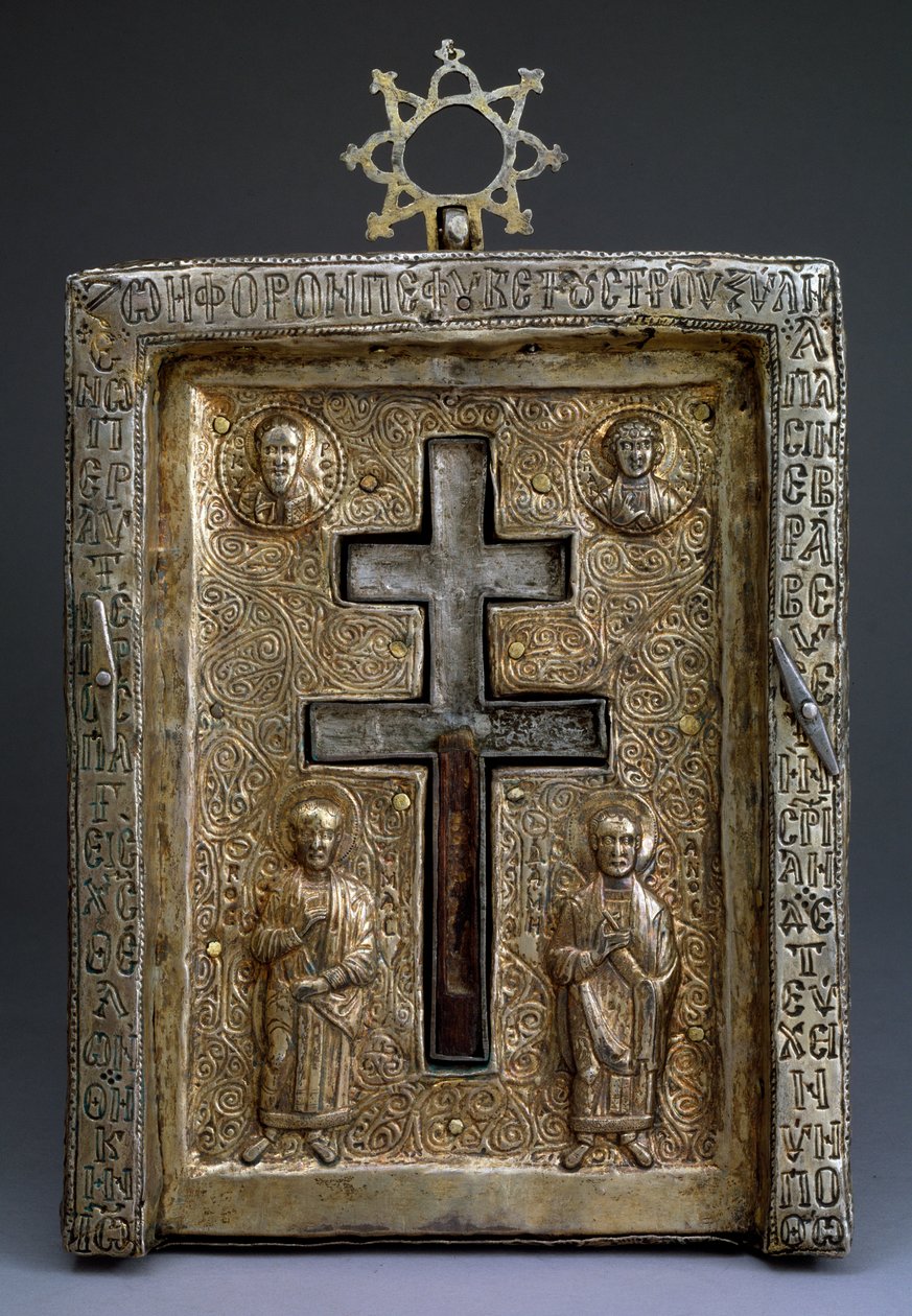 Srebrny pozłacany relikwiarz krzyża stauroteków, bizantyjski, XII w. autorstwa Byzantine Byzantine