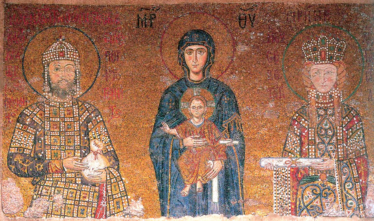Dziewica z Dzieciątkiem między cesarzem Janem II Komnenem i jego żoną Ireną, ok. 1118. autorstwa Byzantine Master.