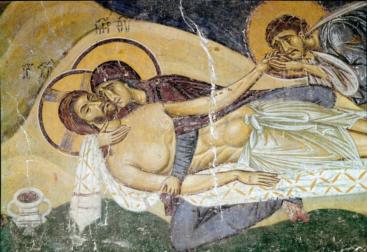 Sztuka bizantyjska: „Lament nad śmiercią Chrystusa”” Fresk malarza z XII wieku. Szczegół. Nerezi, San Pantaleimone, Macedoina autorstwa Byzantine School