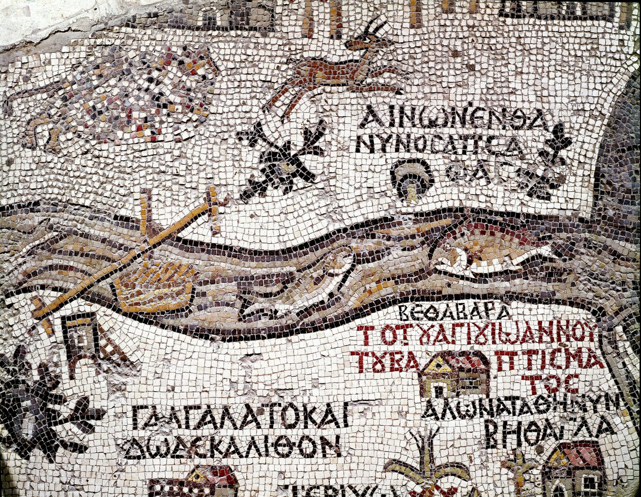 Sztuka bizantyjska: najstarsza mapa Palestyny. Szczegół przedstawiający rzekę Jordan i jej ujście do Morza Martwego. Mozaika z VI wieku. Madaba, kościół św autorstwa Byzantine School
